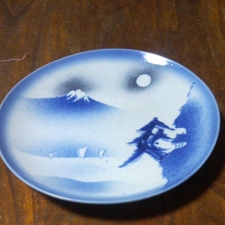 印判富士山日本風景図皿23cm 染付 古伊万里 図 藍 中皿