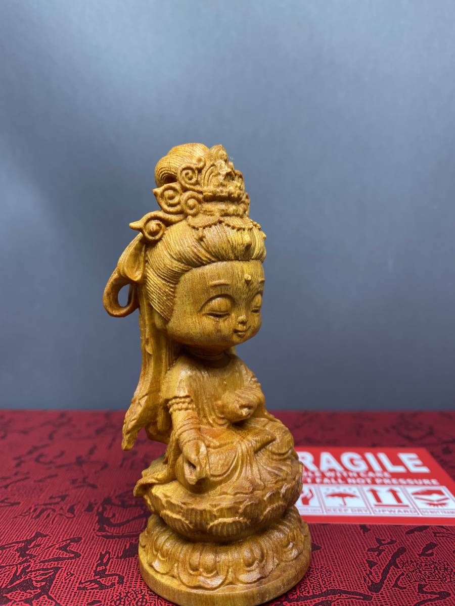 魚籃観音 観音菩薩 供養品 招財開運 精密彫刻 木彫仏像 仏教工芸品 - 彫刻