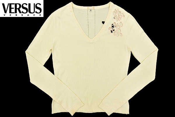 S3789* free shipping *VERSUS VERSACEveru suspension Versace * regular Italy made ivory light ground V neck long sleeve knitted cotton sweater 24/38