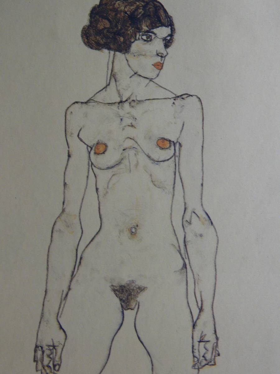 エゴン・シーレ、【オレンジの靴下をはいて立つ裸の女】、希少な画集画、状態良好、新品額装付 送料無料、人物画 絵画_画像3