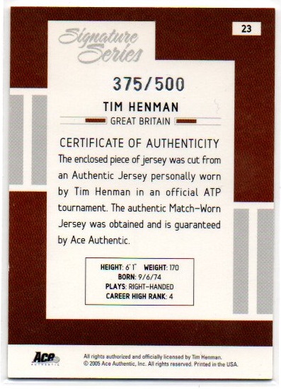 【TIM HENMAN】TENNIS 2005 Ace Authentic Signature Series Jersey 375/500_画像2