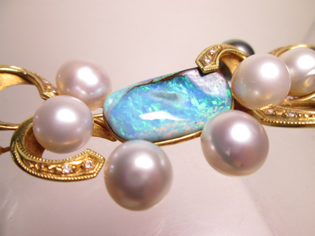 【江月】K18 ボルダーオパール＆ダイヤ真珠飾りのブローチ兼ペンダント 22,24g_画像3
