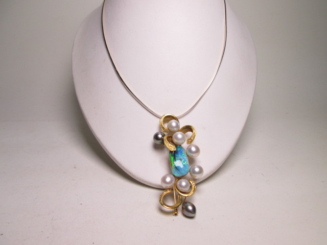 【江月】K18 ボルダーオパール＆ダイヤ真珠飾りのブローチ兼ペンダント 22,24g_画像2