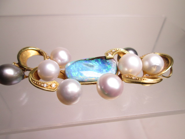【江月】K18 ボルダーオパール＆ダイヤ真珠飾りのブローチ兼ペンダント 22,24g_画像8