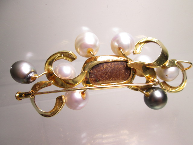 【江月】K18 ボルダーオパール＆ダイヤ真珠飾りのブローチ兼ペンダント 22,24g_画像9