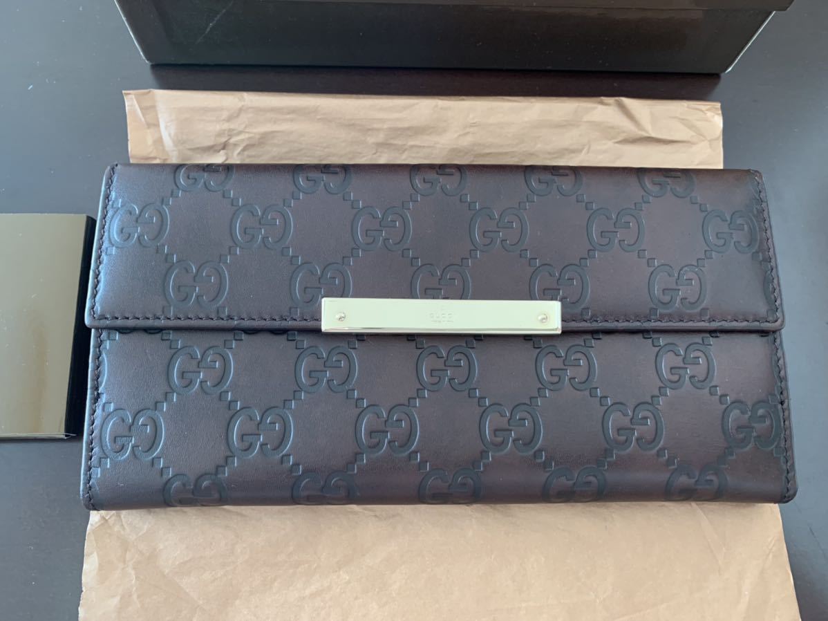 【未使用美品】GUCCI グッチ Wホック長財布 グッチシマレザー ダークブラウン 112715 0416 化粧箱付き