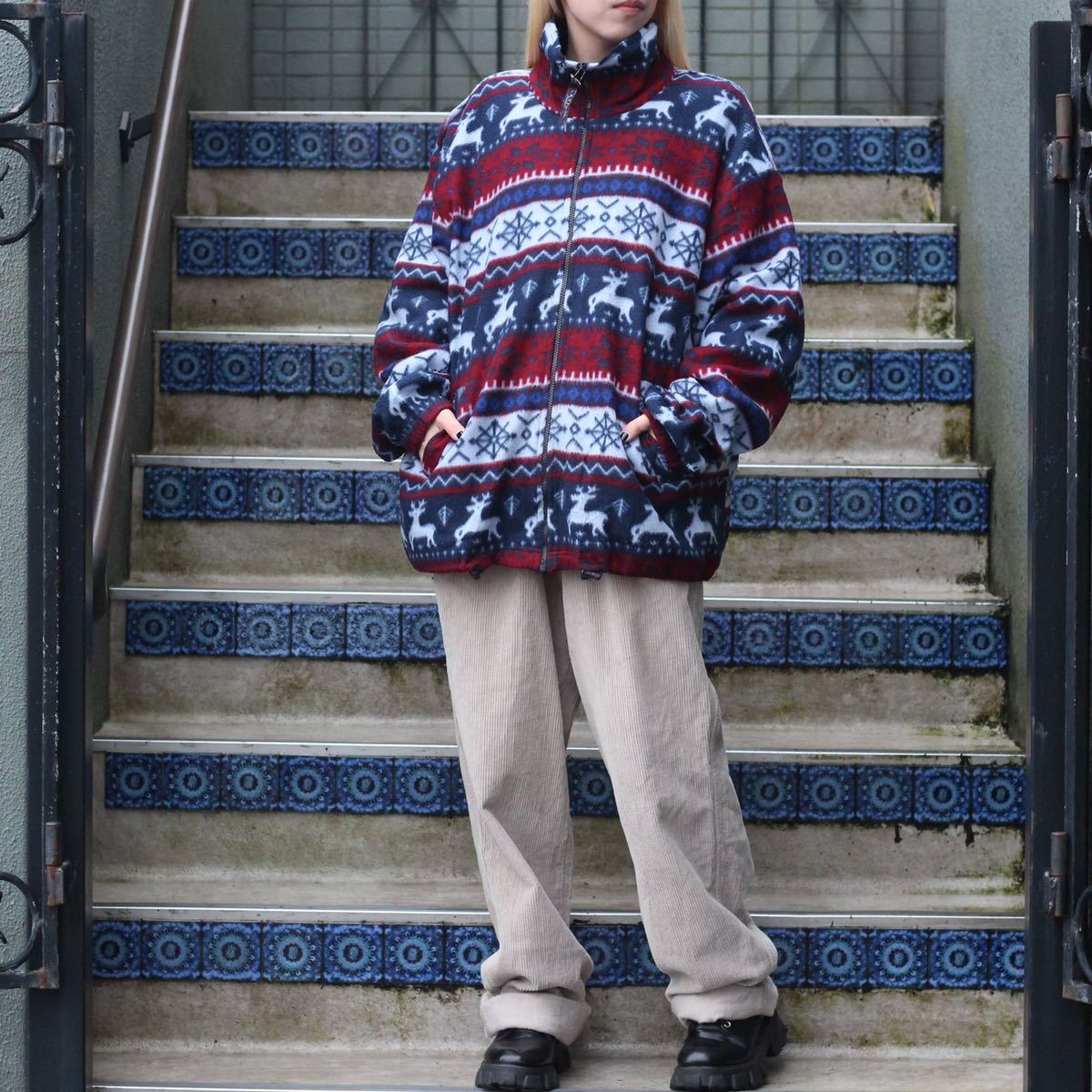 EU VINTAGE LATINO FASHION REINDEER DESIGN FLEECE ZIP UP EU VINTAGE LATINO FASHION REINDEER DESIGN FLEECE ZIP UP