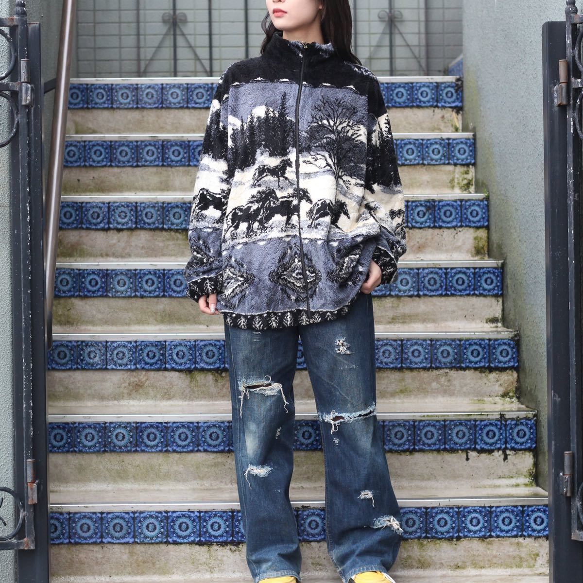 SPECIAL ITEM USA VINTAGE HORSE DEISIGN FLEECE ZIP UP JACKET SPECIAL ITEM USA VINTAGE HORSE DEISIGN FLEECE ZIP UP JACKET