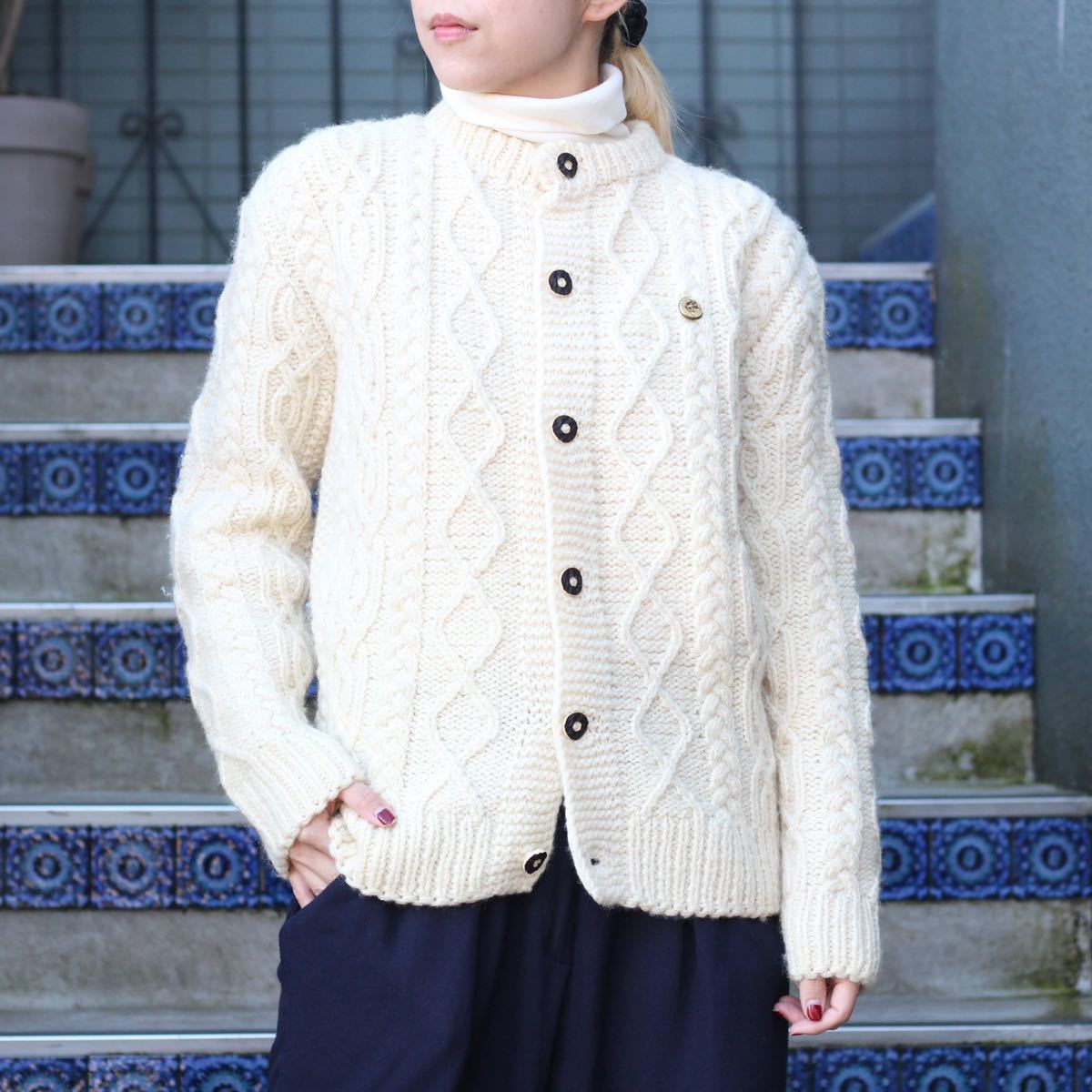 EU VINTAGE WOOD BUTTON TYROLEAN KNIT CARDIGAN/ヨーロッパ古着ウッド