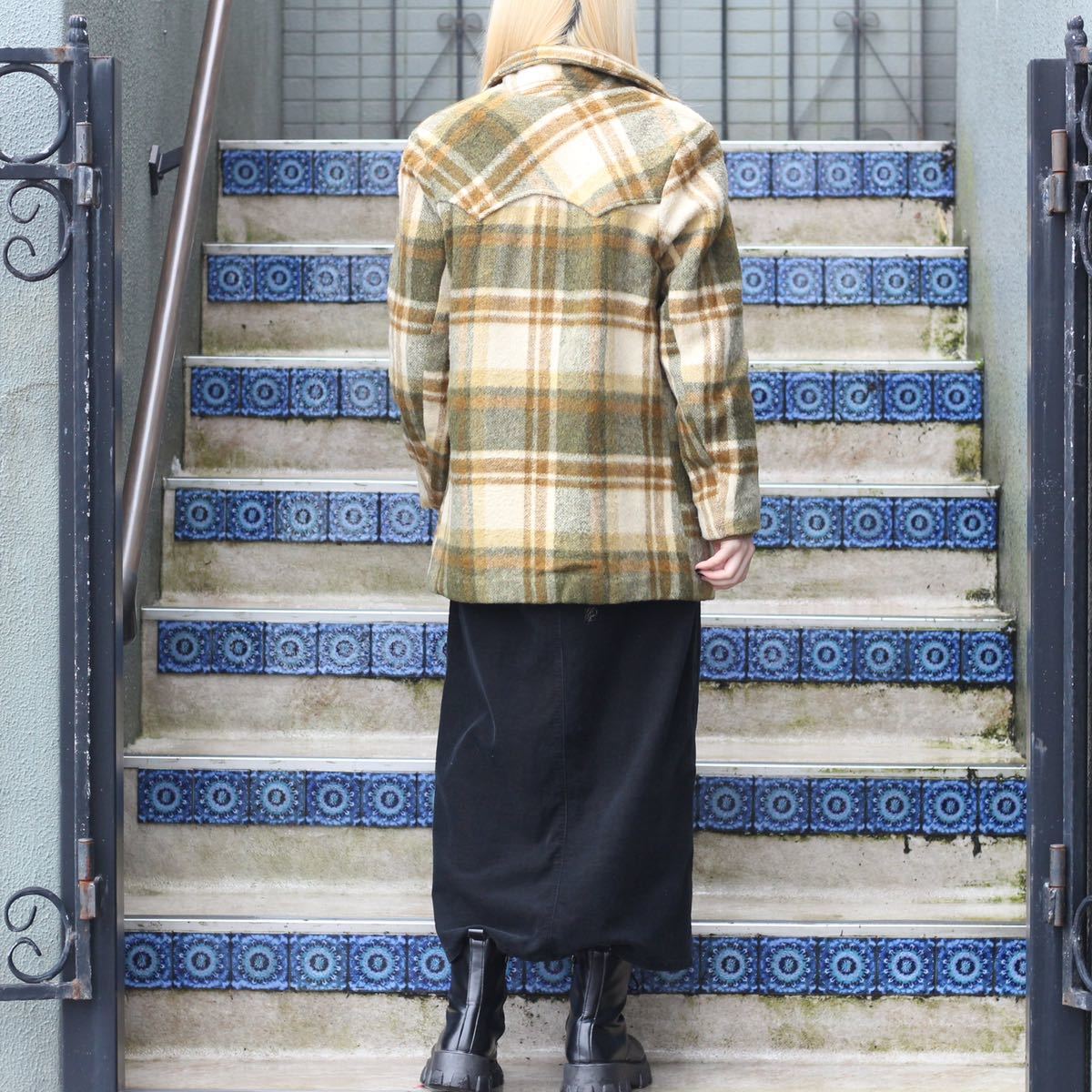 70's USA VINTAGE Pioneer Wear CHECK PATTERNED WOOL BOA 70's USA VINTAGE Pioneer Wear CHECK PATTERNED WOOL BOA