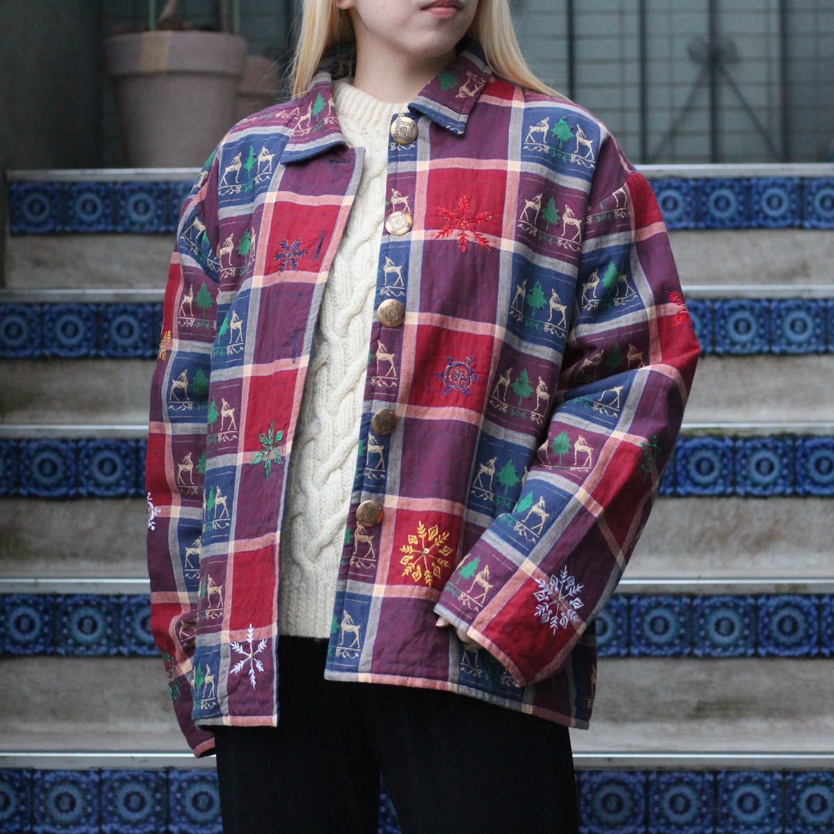 USA VINTAGE new Direction CHECK PATTERNED EMBROIDERY DESIGN JACKET/アメリカ古着チェック柄刺繍デザインジャケット_画像1