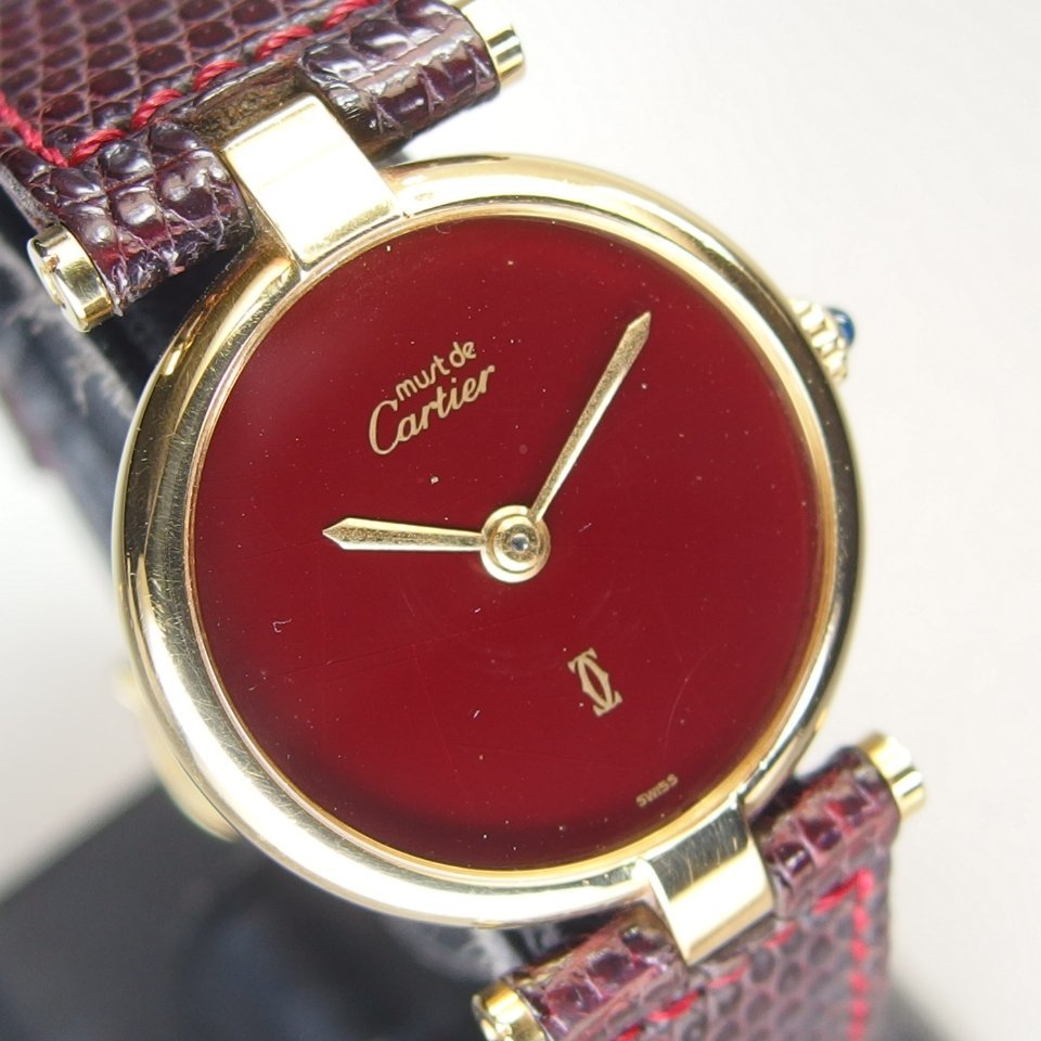 CARTIER カルティエ マスト must de Cartier シルバー925/GP/革 QZ ダークレッドダイアル レディース 腕時計  「20549」