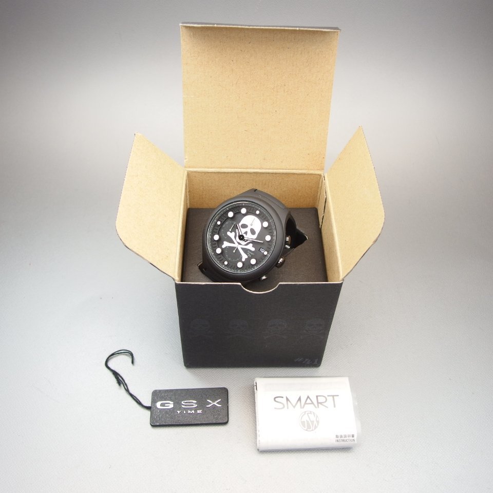 【未使用品】 GSX WATCH JAPAN SMART スマート AOB #41 スカルデザイン ラバー 樹脂 Dバックル QZ デイト 箱 付 メンズ 腕時計 「20522」_画像9