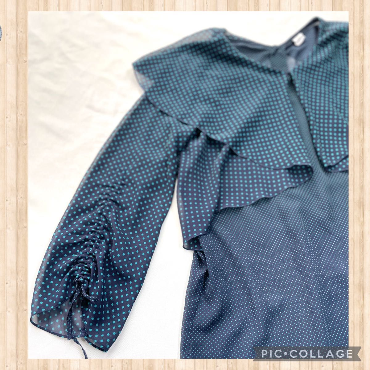 BE NEAT ビックカラー×シャーリング袖とドットが可愛い　シースルー素材　レトロ　ゆったり　オシャレ　薄手素材　春夏秋冬　