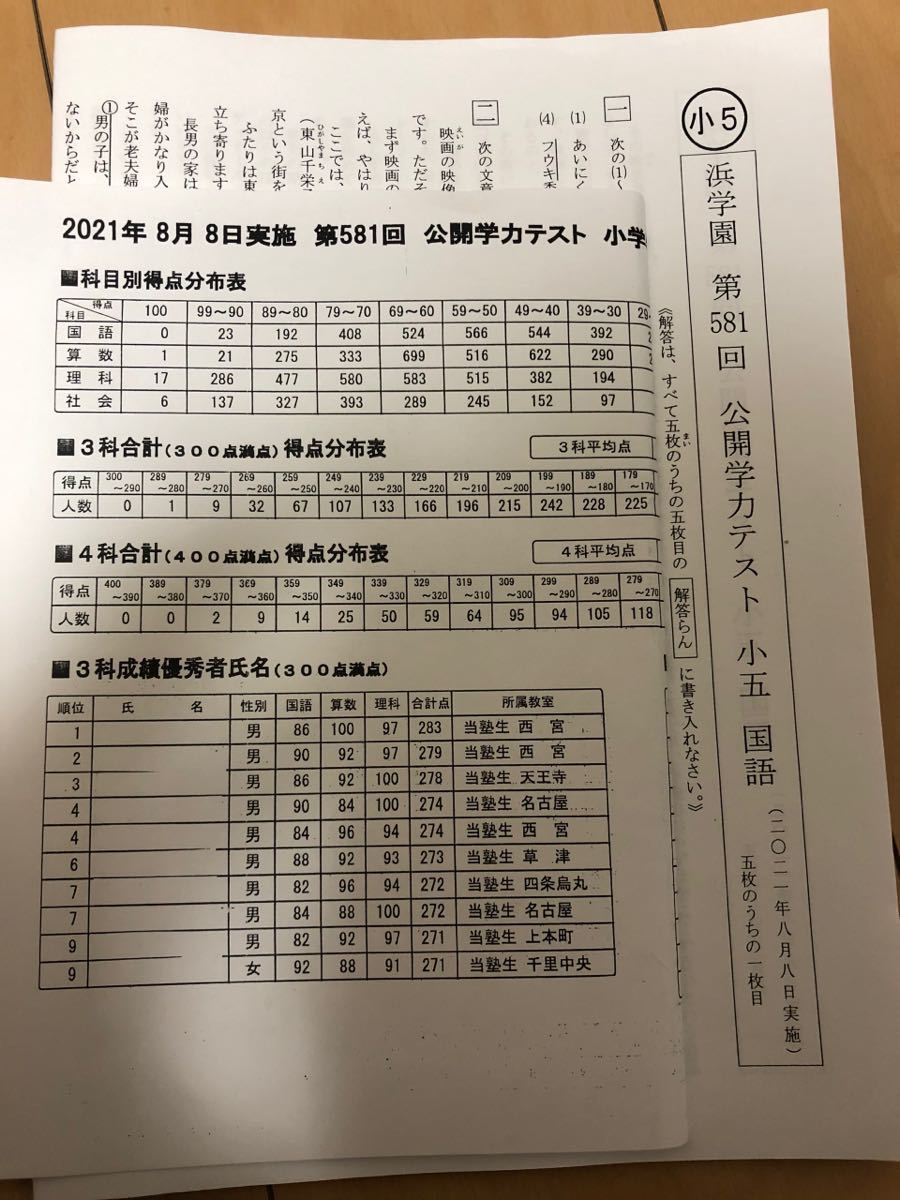 浜学園 2021年度 小6 公開学力テスト 3科目 原本 - 参考書