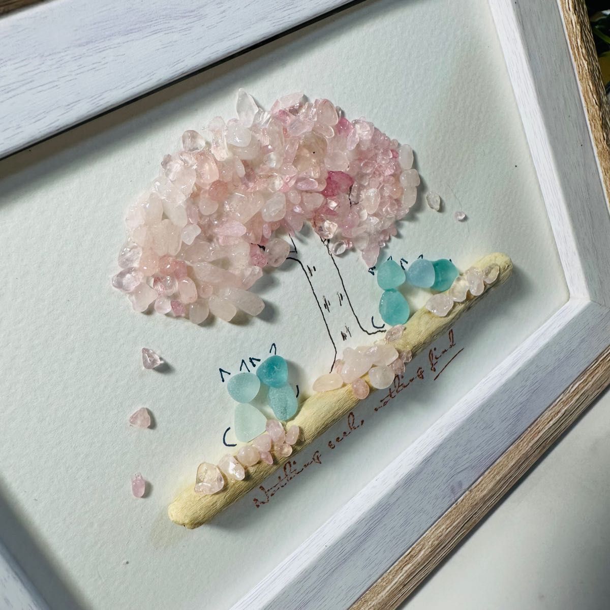 シーグラスアート 花見猫ちゃん桜と共に シーグラス 流木 さざれ シーグラスアート 花見猫ちゃん桜と共に シーグラス 流木 さざれ