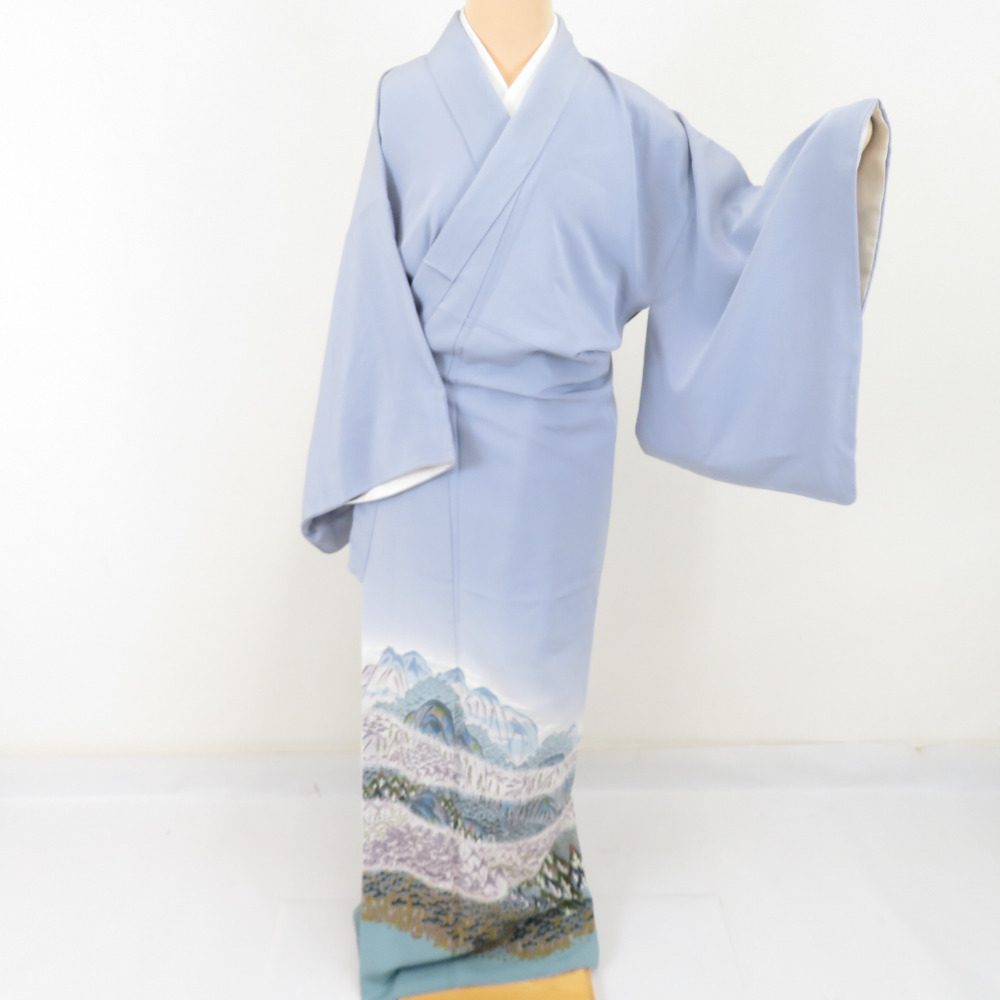 色留袖 本場加賀友禅染 村田幸司 山に立木 青紫色 作家物 落款入 正絹