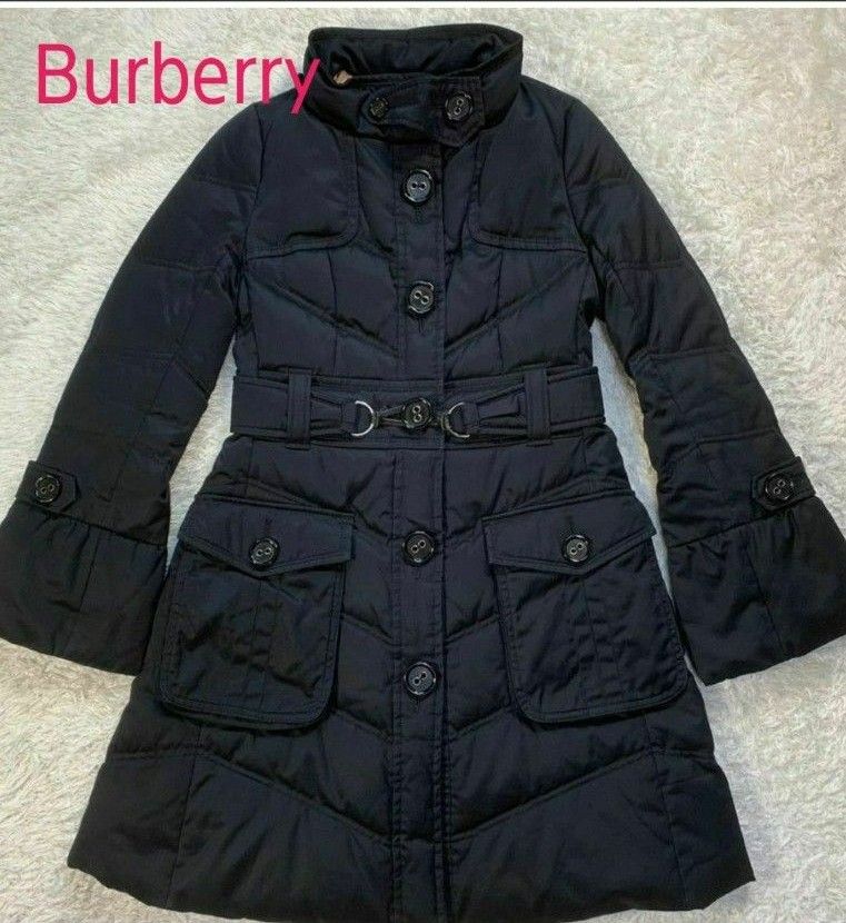 週末特価【極美品】Burberryバーバリーブルーレーベルレディース肉厚高級ダウンロングコートアウターネイビーブラック