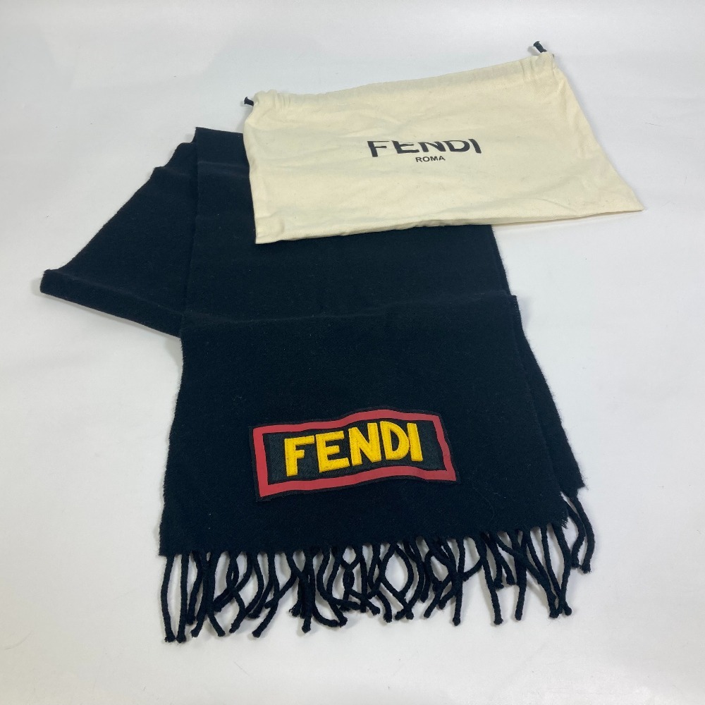 FENDI フェンディ FXS124 アパレル ロゴ ワッペン マフラー ウール ブラック メンズ【中古】_画像10