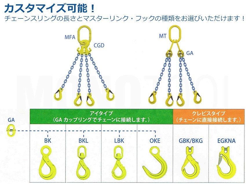 チェーンスリング 4本吊り 6mm マーテック オーダーメイド 使用荷重:2.8t チェーン リング フックのカスタマイズ_画像2