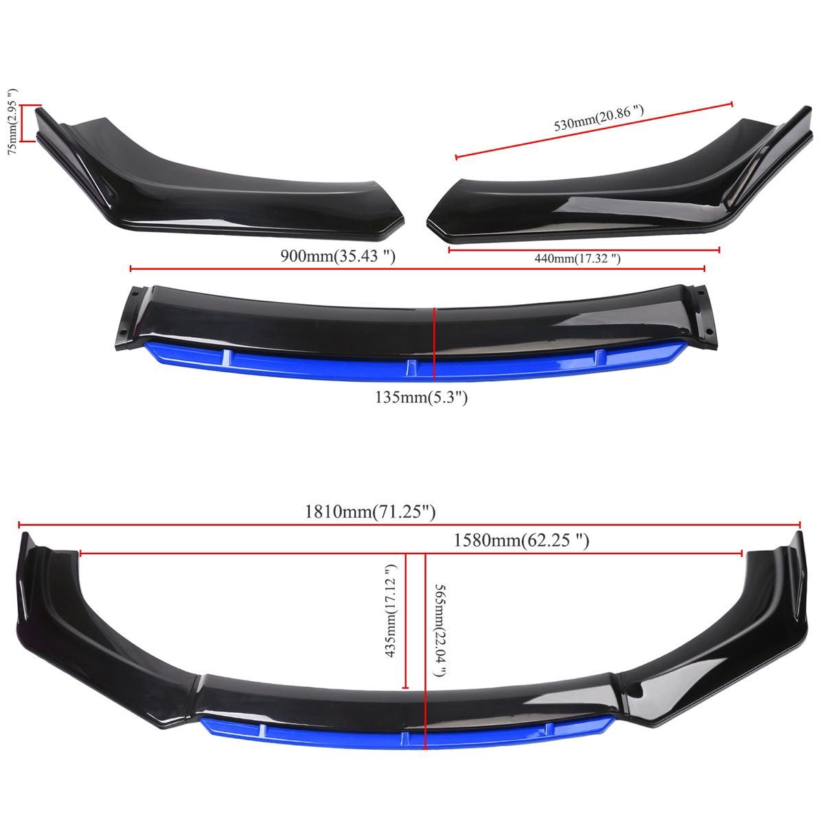 新品　汎用フロントバンパー　保護フロントスポイラー　4分割式(固定用ビス付き) 黒&青