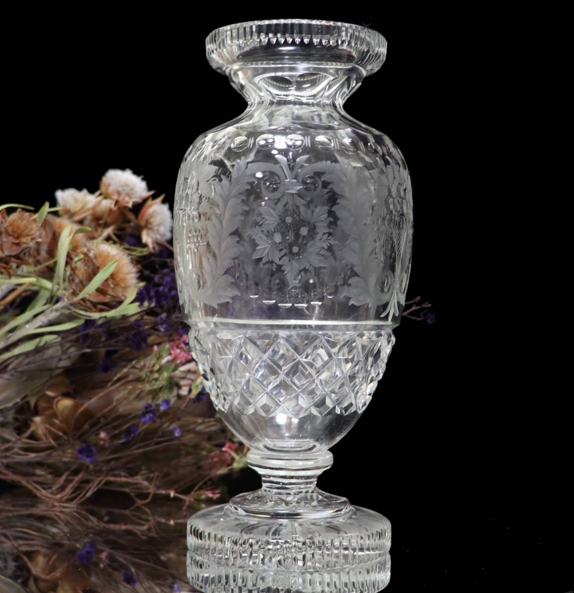 オールド・バカラ (BACCARAT) アールヌーヴォー 花瓶 グラヴュール ルネッサンス 草花 ブーケ 花器 壺 オブジェ インテリア グラヴィール_画像2