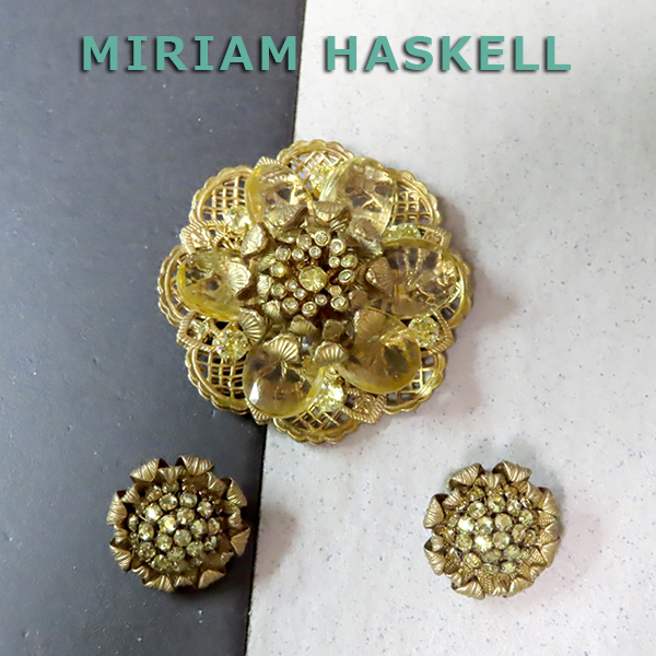 ◆ミリアムハスケル：薄黄花びらのブローチとイヤリング：コスチュームジュエリーMiriam Haskell