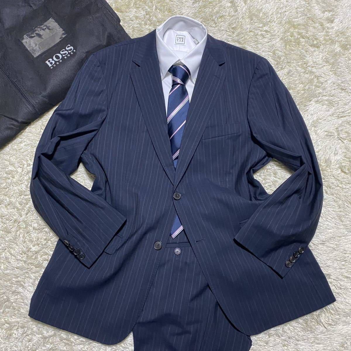 極美品 ヒューゴボス 【圧倒的な存在感】 HUGO BOSS スーツ セットアップ ストライプ 2釦 総裏 裏地総柄 L相当 ジャケット パンツ ネイビー