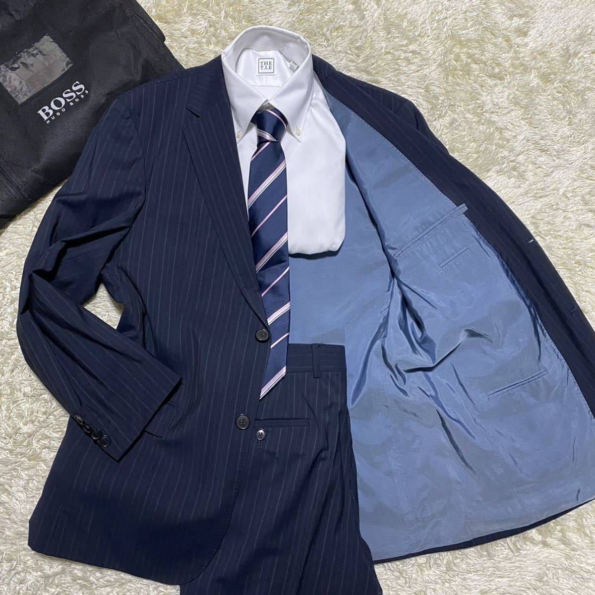 極美品 ヒューゴボス 【圧倒的な存在感】 HUGO BOSS スーツ セットアップ ストライプ 2釦 総裏 裏地総柄 L相当 ジャケット パンツ ネイビー