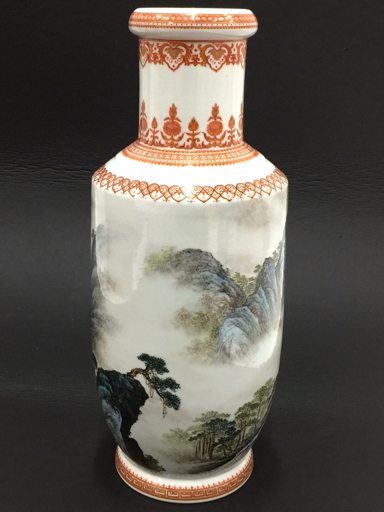 中国陶磁器 景徳鎮製 墨彩山水文壺 高さ約46.5cm 最大幅約18cm 工芸品 美術品 芸術品 共箱_画像4