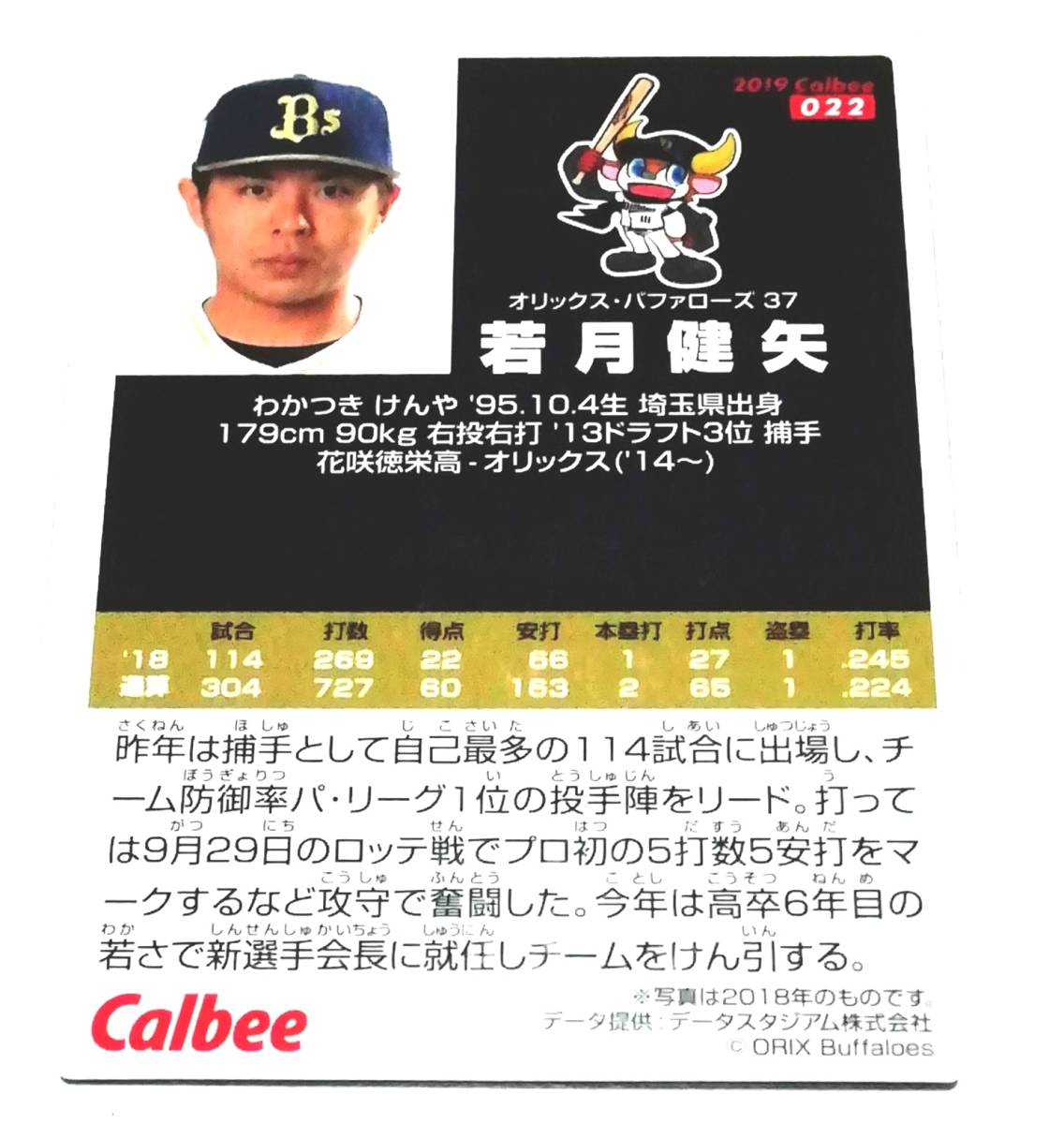 2019　第1弾　若月健矢　オリックスバッファローズ　レギュラーカード　【022】 ★ カルビープロ野球チップス_画像2