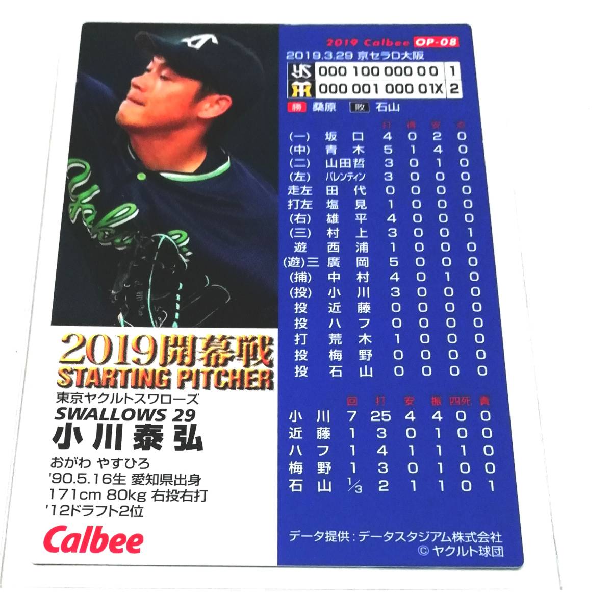 2019　第2弾　小川泰弘　開幕投手カード　ヤクルトスワローズ　【OP-08】 ★ カルビープロ野球チップス　開幕戦_画像1