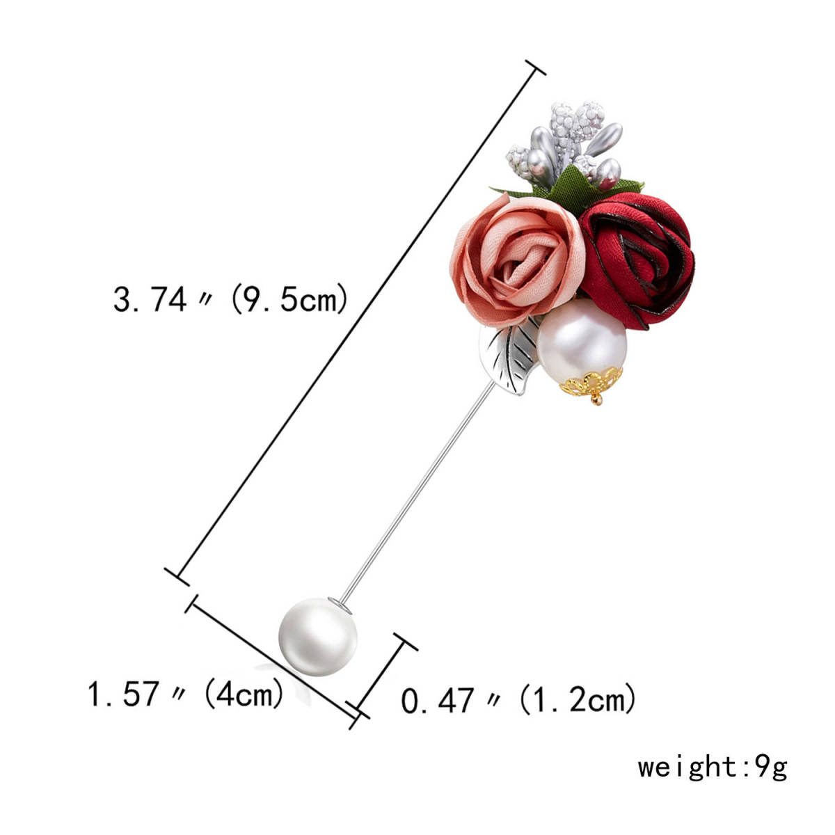 パール ファブリック ブローチ クローズアート ローズ 薔薇 ピンク レッド ロングピン ツーローズフラワー_画像4