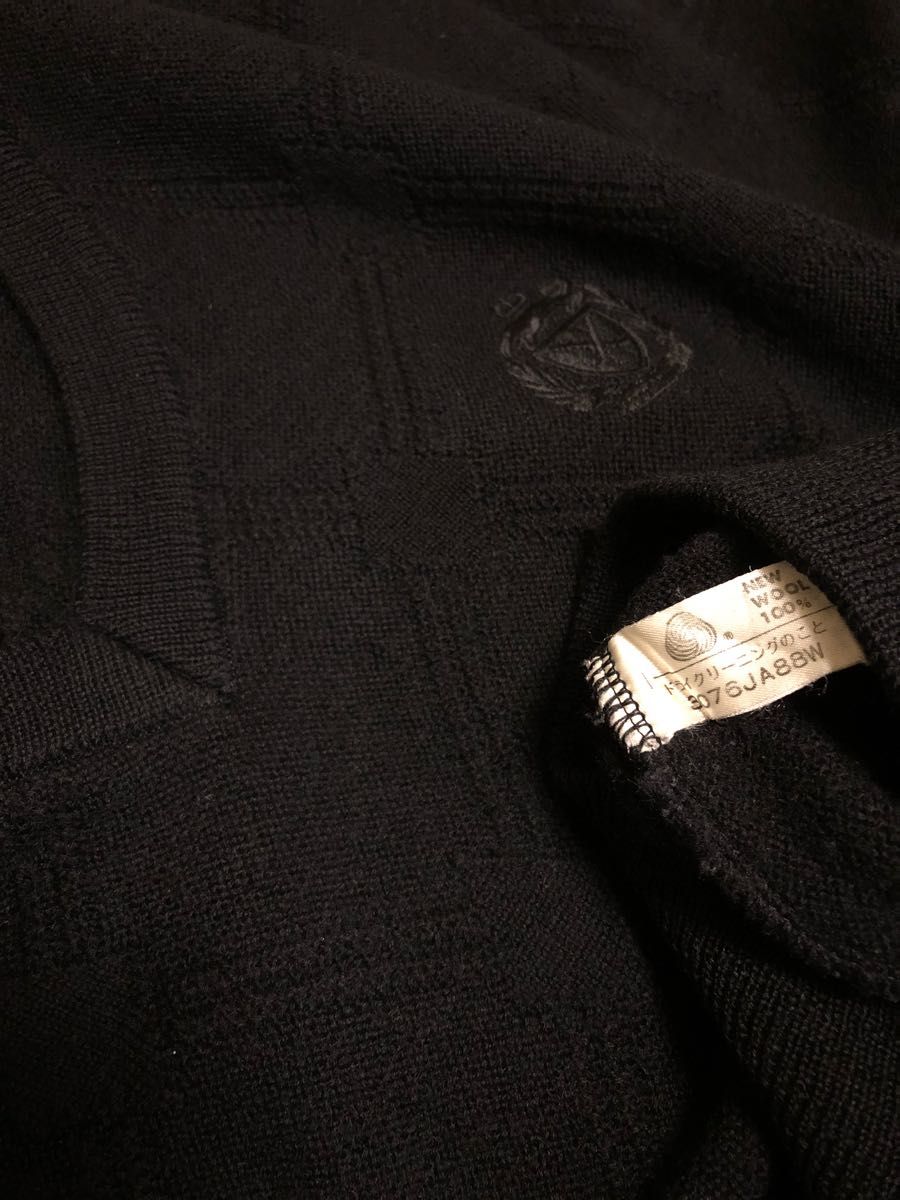 オーセンティックゴルフウェア ニットセーター Vネック アーガイル ニューウール ワンポイント 刺繍 メンズ サイズL 黒 