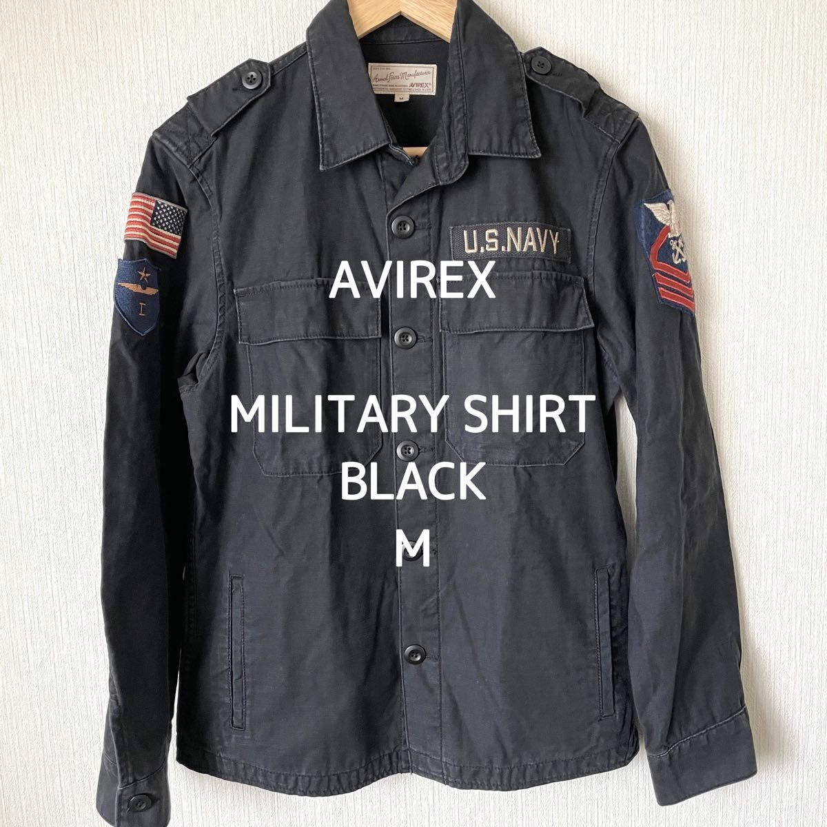 【AVIREX】アヴィレックス ミリタリーシャツジャケット 長袖 メンズ ワッペン 刺繍 黒 ブラック M