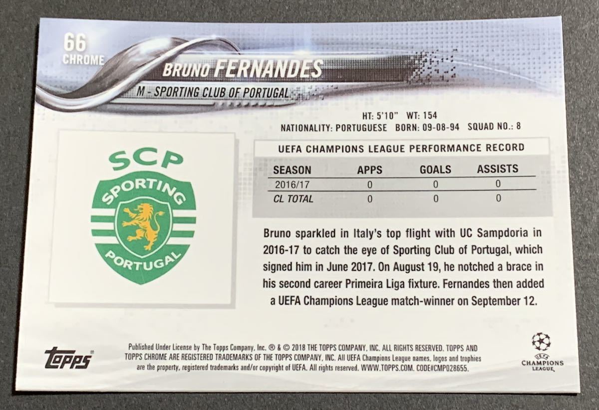 2017-18 Topps Chrome UEFA Champions League Bruno Fernandes 66 Sporting ブルーノフェルナンデス　スポルティング_画像2