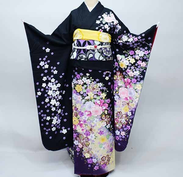  long-sleeved kimono kimono full set silk 100 flower ..7 days rental small articles till 20 point complete set all ..( stock ) cheap rice field shop [ rental ]R35511