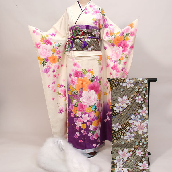  long-sleeved kimono kimono full set silk 100 flower .. small articles till all ..20 point complete set 7 days rental ( stock ) cheap rice field shop [ rental ]R51