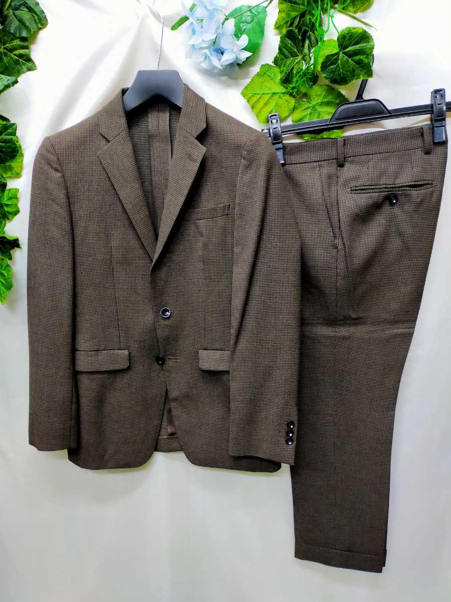 美品 スーツセレクト スーツ Y4 千鳥チェック 茶系 スキニーライン