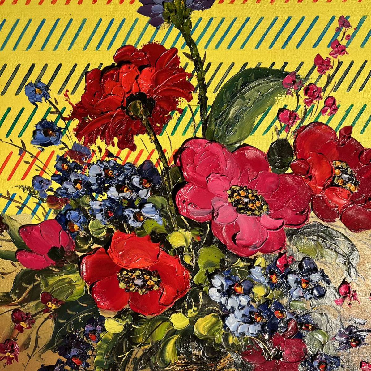 ☆秀作☆ 手書き油絵 花瓶の花(大)額付き 絵画 インテリア 美術品 ☆秀作☆ 手書き油絵 花瓶の花(大)額付き 絵画 インテリア 美術品