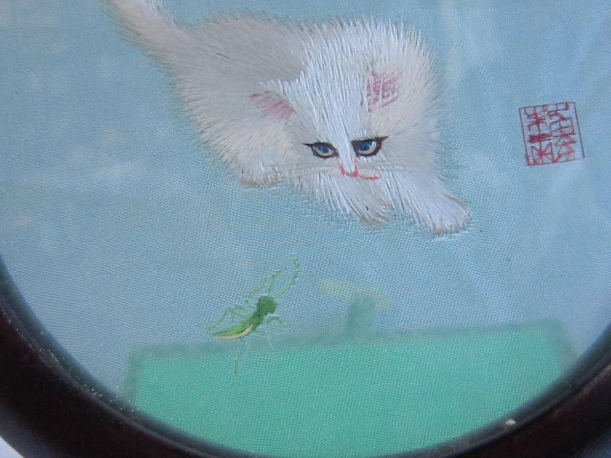 ー★　アンティーク　ガラス額装　両面で違う可愛い刺繍　猫のインテリア 中国　伝統工芸　　★ー_画像3
