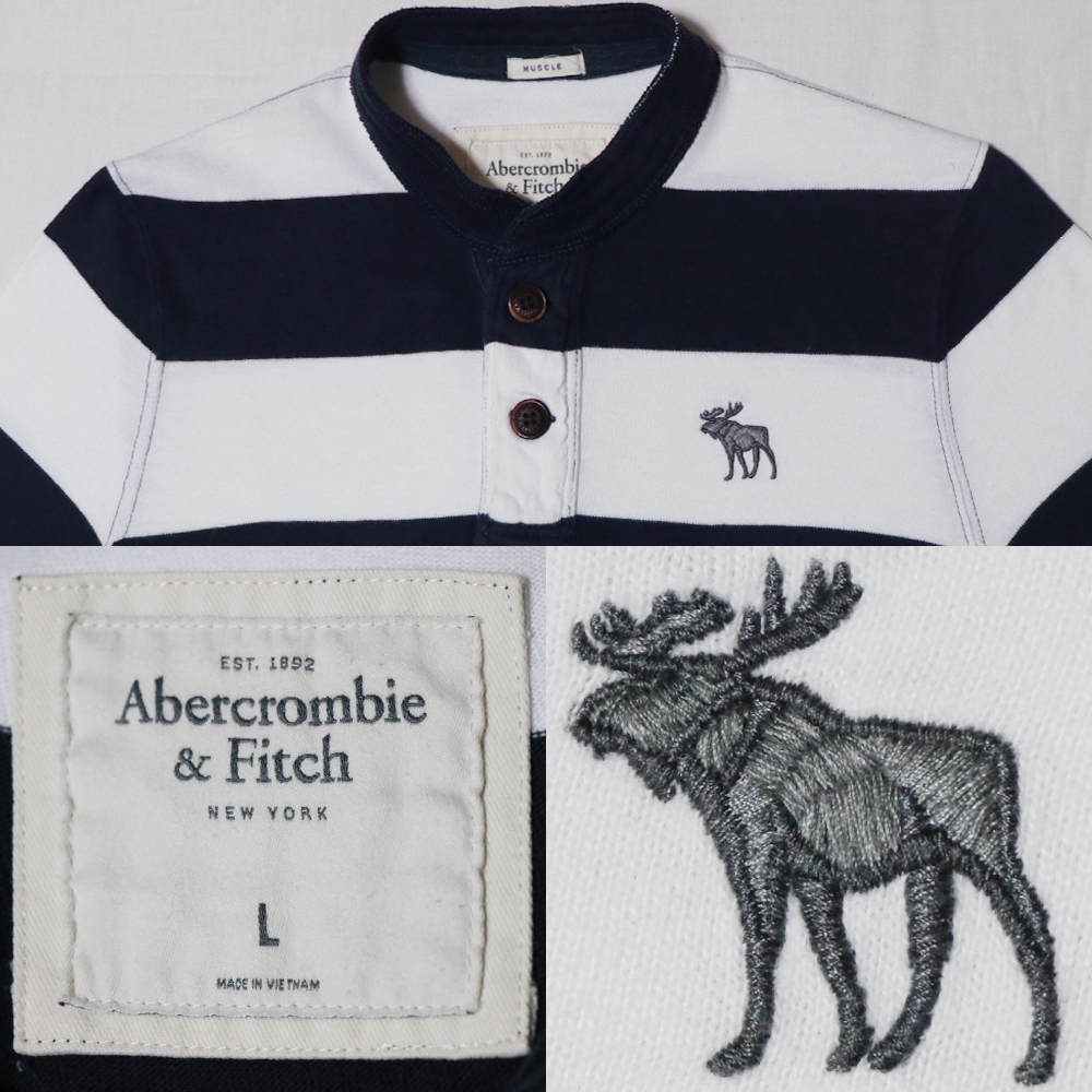 アメリカ購入 USED美品 Abercrombie & Fitch アバクロンビー&フィッチ ボーダーヘンリーネックＴシャツ 白紺 L_画像8