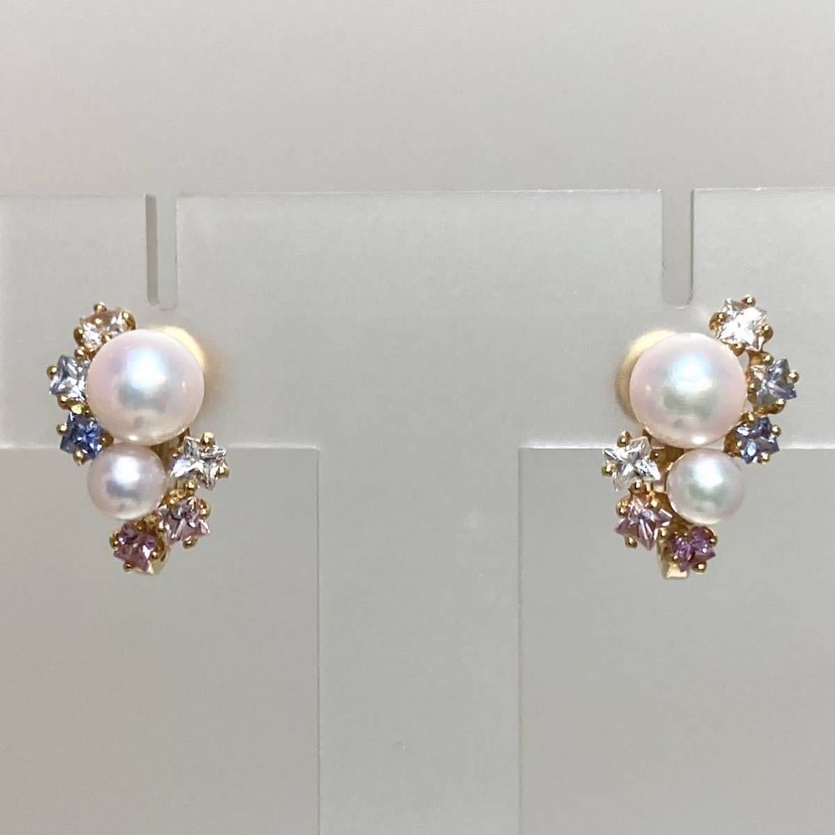 《Jeunet(ジュネ)K18YG(750)天然マルチカラーサファイア&アコヤ本真珠イヤリング》6.0g 1.19ct ベビーパール sapphire pearl earring EB8