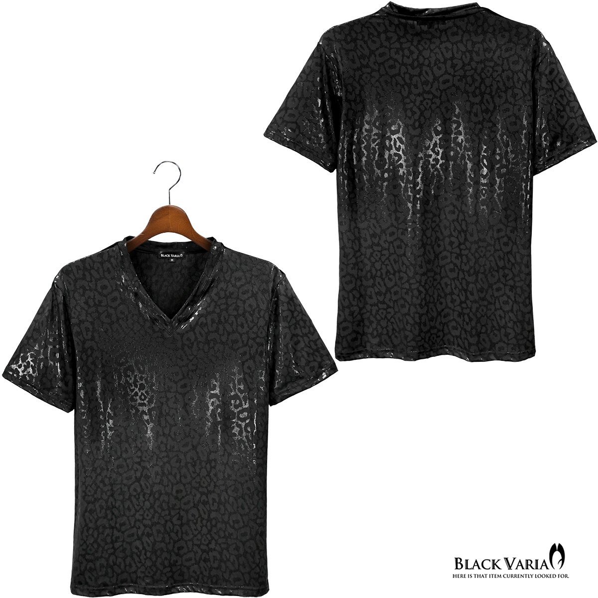 213103-bk BLACK VARIA Tシャツ Vネック ヒョウ柄 豹レオパード 派手 箔プリント 光沢 ラメ スリム ストレッチ 半袖 メンズ(ブラック黒) M_画像6