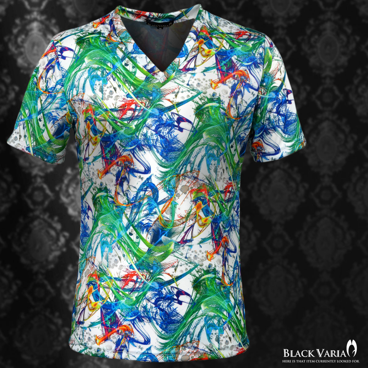 9#163903-whgr [SALE] ブラックバリア ギャラクシー 幾何 グレア ネオン レインボー Vネック 半袖Tシャツ メンズ(ホワイト白グリーン緑) M_画像1