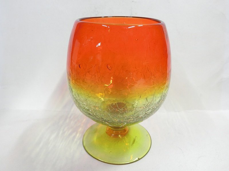 A1083 手吹 氷裂色ガラス 赤・黄色のグラデーション ワイングラスの画像1