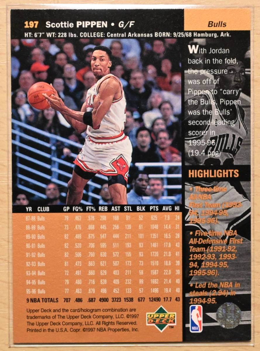 SCOTTIE PIPPEN (スコッティ・ピッペン) 1997 トレーディングカード 197【NBA,CHICAGO BULLS,シカゴブルズ】_画像2