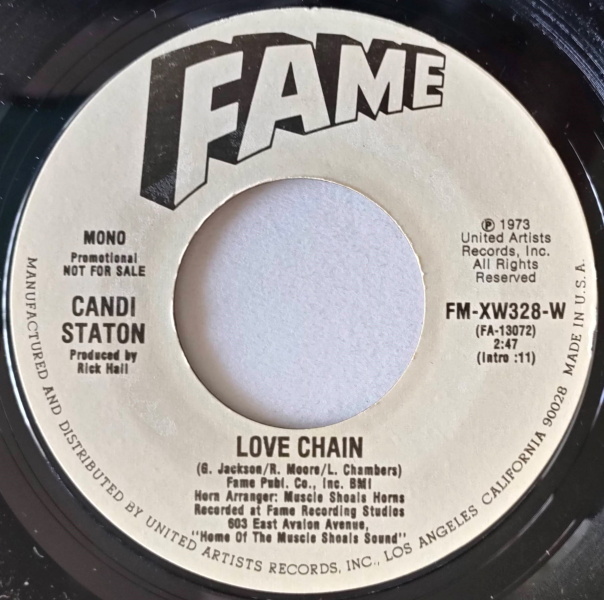 Candi Staton【US盤 Soul 7" Single】 Love Chain (Stereo) / (Mono)　Promo.　 (Fame XW328-W) 1973年_画像2
