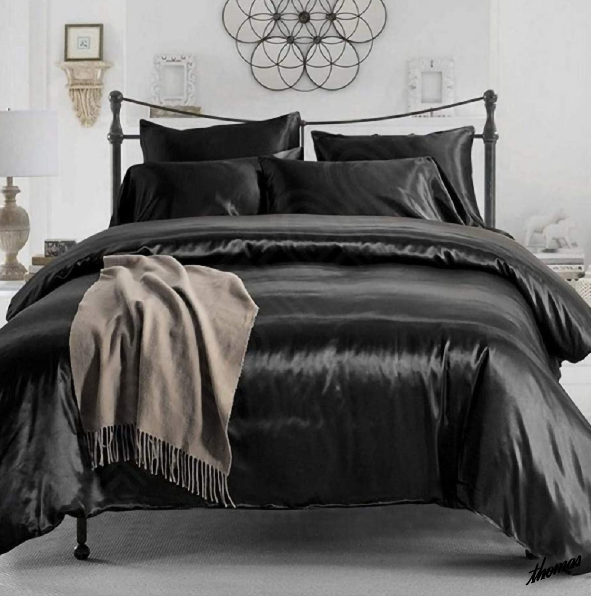 ◆高級感と安心感を与えてくれる◆ ダブルサイズ 寝具カバー 4点セット ブラック シルク風 レーヨン生地 四季通用 洗える ベッド
