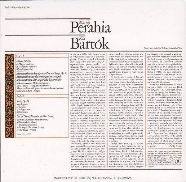 [CD/Sony]バルトーク:ピアノソナタ&ピアノのための組曲他/ペライア(p) 1980_画像2